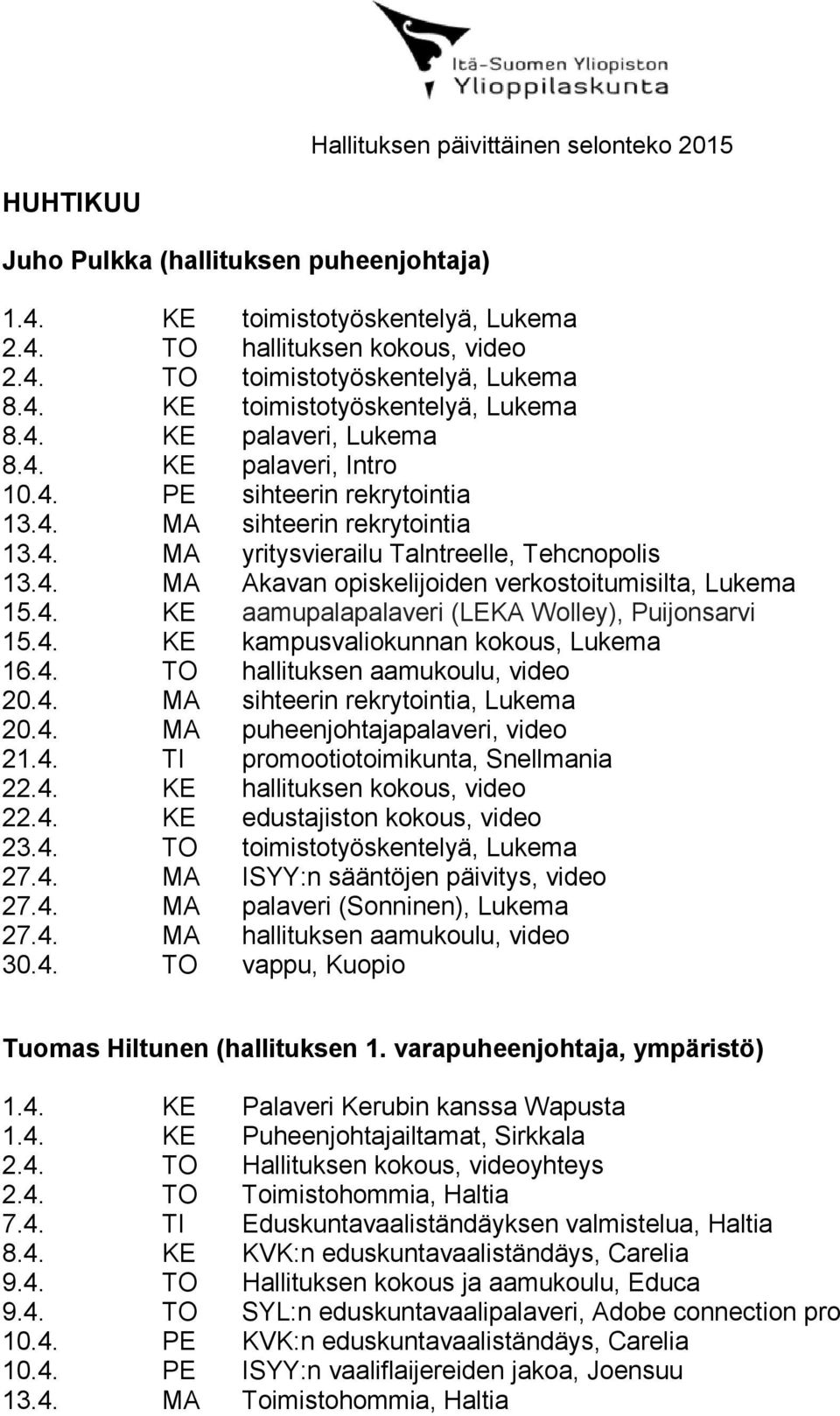 4. MA Akavan opiskelijoiden verkostoitumisilta, Lukema 15.4. KE aamupalapalaveri (LEKA Wolley), Puijonsarvi 15.4. KE kampusvaliokunnan kokous, Lukema 16.4. TO hallituksen aamukoulu, video 20.4. MA sihteerin rekrytointia, Lukema 20.