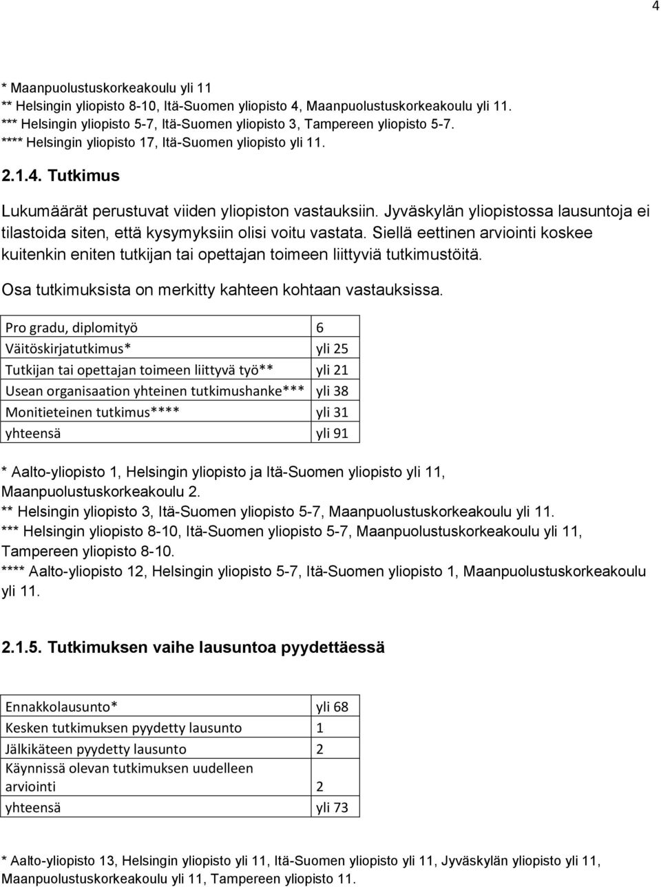 Jyväskylän yliopistossa lausuntoja ei tilastoida siten, että kysymyksiin olisi voitu vastata. Siellä eettinen arviointi koskee kuitenkin eniten tutkijan tai opettajan toimeen liittyviä tutkimustöitä.