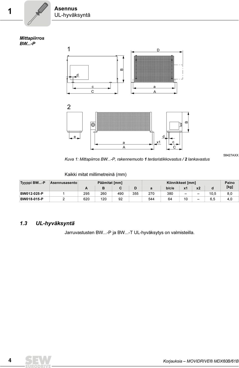 ..-P Asennusasento Päämitat [mm] Kiinnikkeet [mm] Paino A B C D a b/c/e x x2 d [kg] BW02-025-P 295 260 490 355 270 380