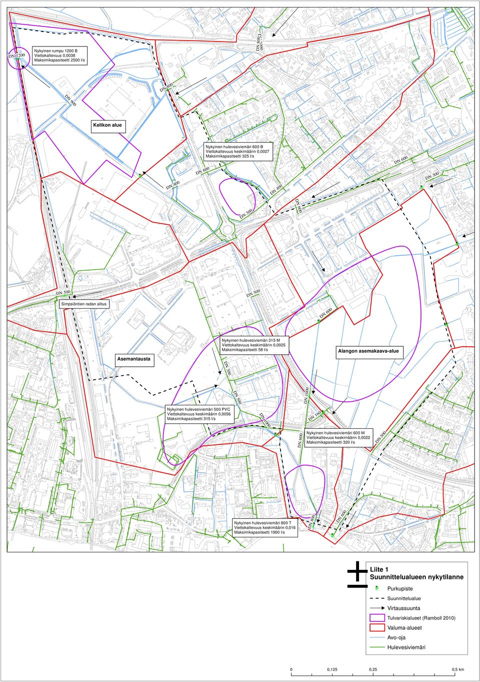 Asemantausta 5 1000 300 50 0 Nykyinen hulevesiviemäri 600 M Viettokaltevuus keskimäärin 0,0022 Maksimikapasiteetti 320 l/s 800 Nykyinen hulevesiviemäri 800 T Viettokaltevuus keskimäärin 0,016