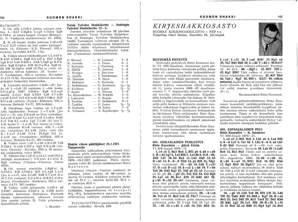 Dg6 gf 8.D X h6+ Kg8 9.Dg6+ Kf8 1O.D xf6+ Kg8 11. hs Tf8 12.Dg6+ Kh8 13.TM ja voitti viidetoista siirro kuluessa. (H. Taer _. P. Luukkaie, SSL turaus, Hyvikää 11.4.71 II-Ik).