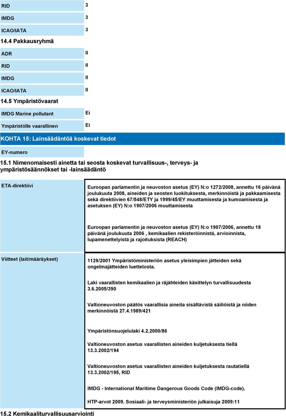 1 Nimenomaisesti ainetta tai seosta koskevat turvallisuus-, terveys- ja ympäristösäännökset tai -lainsäädäntö ETA-direktiivi Euroopan parlamentin ja neuvoston asetus (EY) N:o 1272/2008, annettu 16