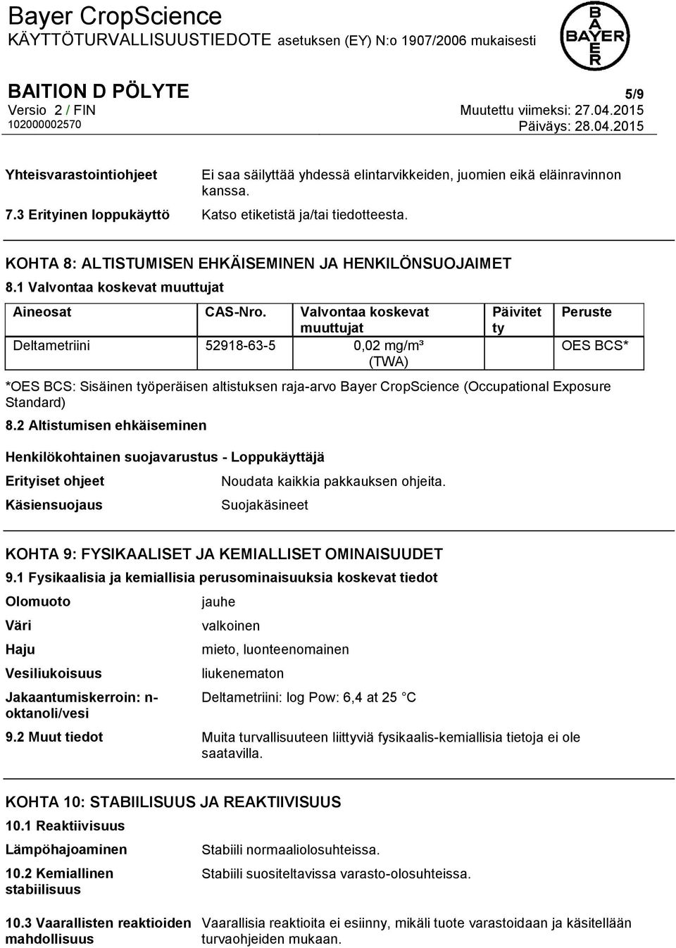 Valvontaa koskevat muuttujat Deltametriini 52918-63-5 0,02 mg/m³ (TWA) Päivitet ty Peruste OES BCS* *OES BCS: Sisäinen työperäisen altistuksen raja-arvo Bayer CropScience (Occupational Exposure