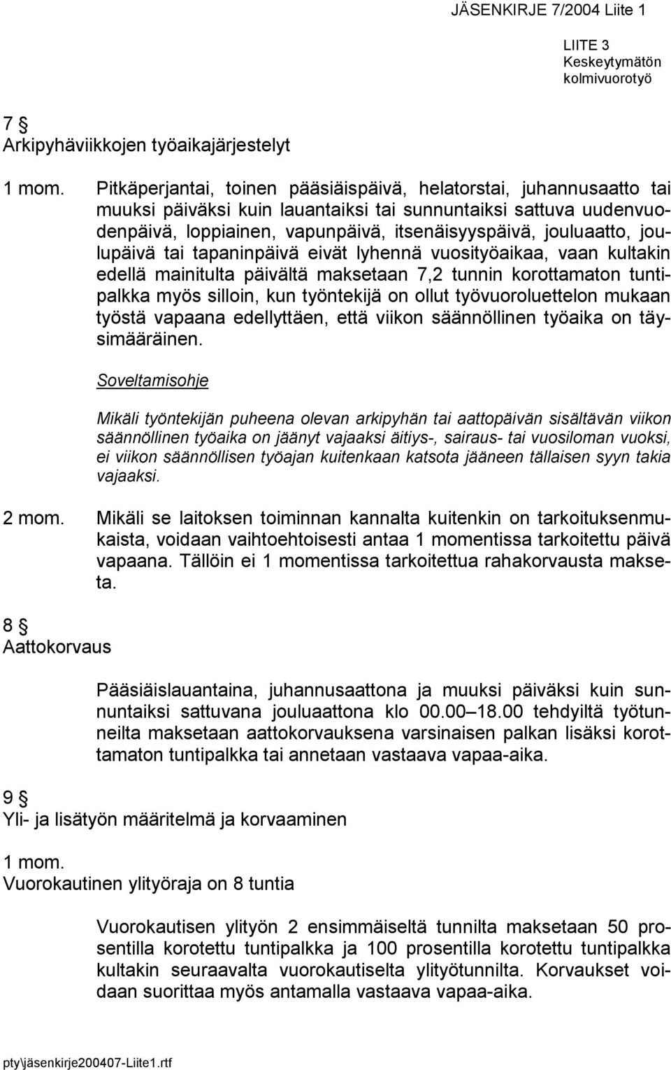 joulupäivä tai tapaninpäivä eivät lyhennä vuosityöaikaa, vaan kultakin edellä mainitulta päivältä maksetaan 7,2 tunnin korottamaton tuntipalkka myös silloin, kun työntekijä on ollut työvuoroluettelon