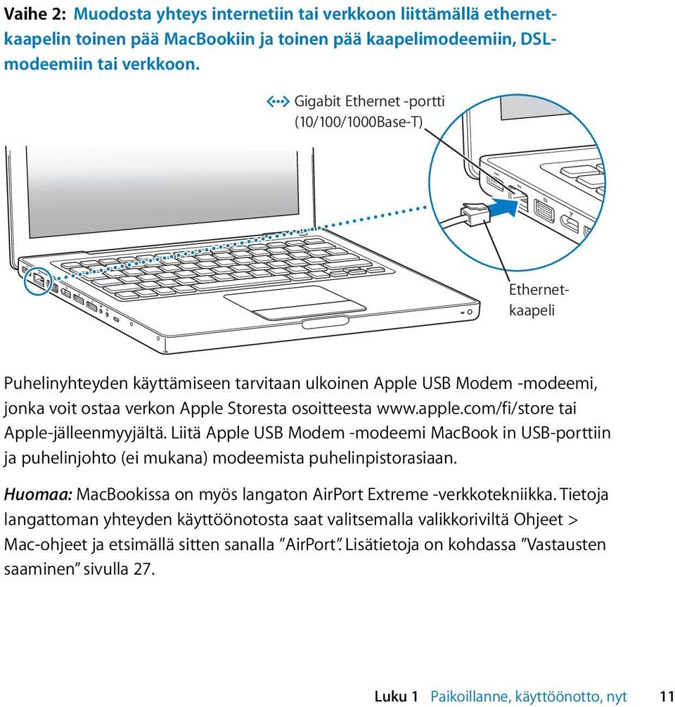 com/fi/store tai Apple-jälleenmyyjältä. Liitä Apple USB Modem -modeemi MacBook in USB-porttiin ja puhelinjohto (ei mukana) modeemista puhelinpistorasiaan.