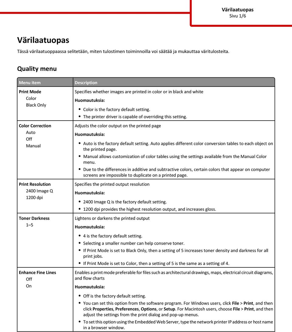 are printed in color or in black and white Color is the factory default setting. The printer driver is capable of overriding this setting.