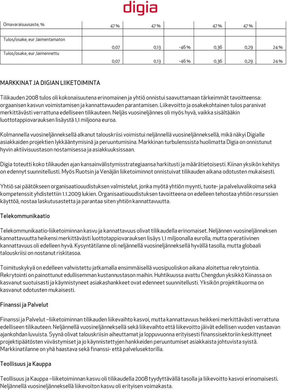 Liikevoitto ja osakekohtainen tulos paranivat merkittävästi verrattuna edelliseen tilikauteen.