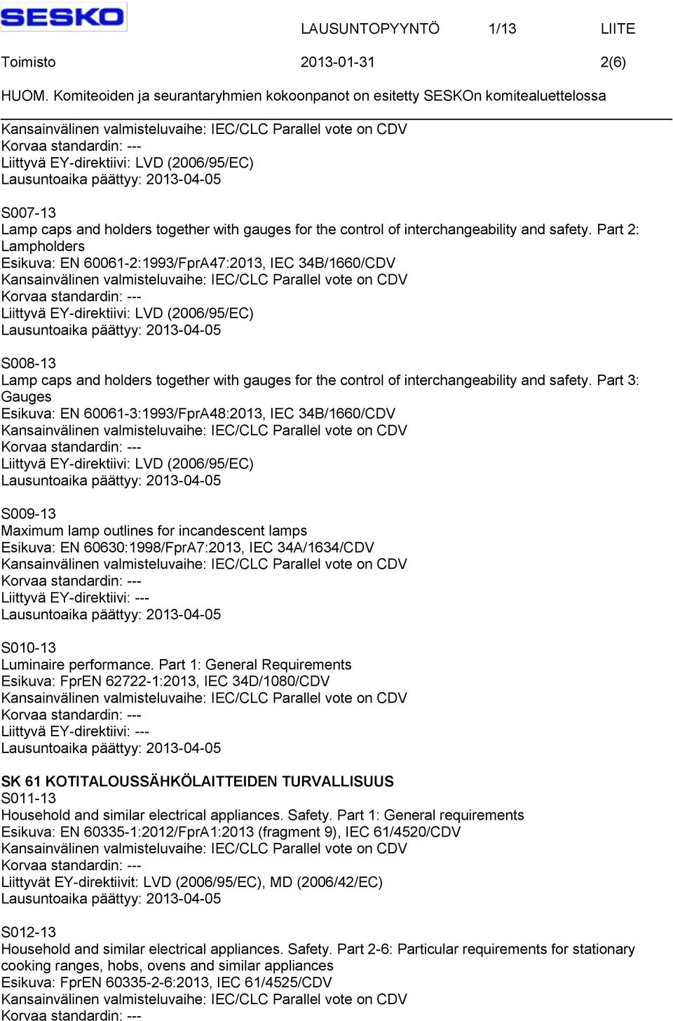 Part 3: Gauges Esikuva: EN 60061-3:1993/FprA48:2013, IEC 34B/1660/CDV S009-13 Maximum lamp outlines for incandescent lamps Esikuva: EN 60630:1998/FprA7:2013, IEC 34A/1634/CDV S010-13 Luminaire