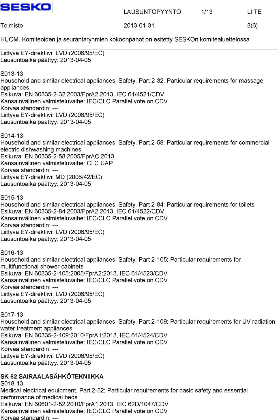 Part 2-58: Particular requirements for commercial electric dishwashing machines Esikuva: EN 60335-2-58:2005/FprAC:2013 Kansainvälinen valmisteluvaihe: CLC UAP S015-13 Household and similar electrical