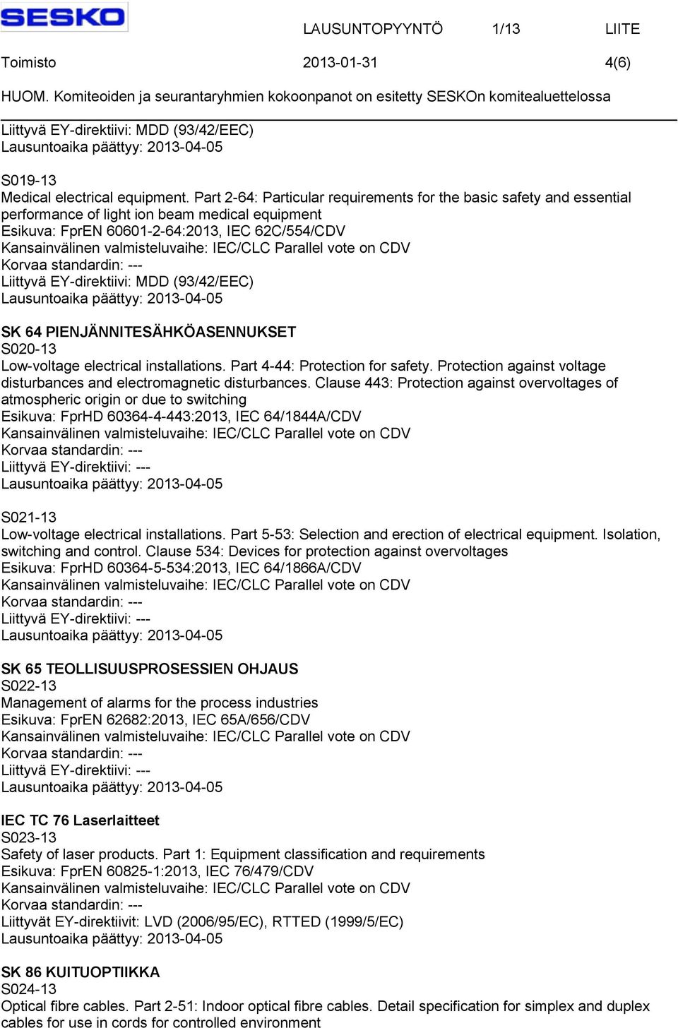 (93/42/EEC) SK 64 PIENJÄNNITESÄHKÖASENNUKSET S020-13 Low-voltage electrical installations. Part 4-44: Protection for safety. Protection against voltage disturbances and electromagnetic disturbances.