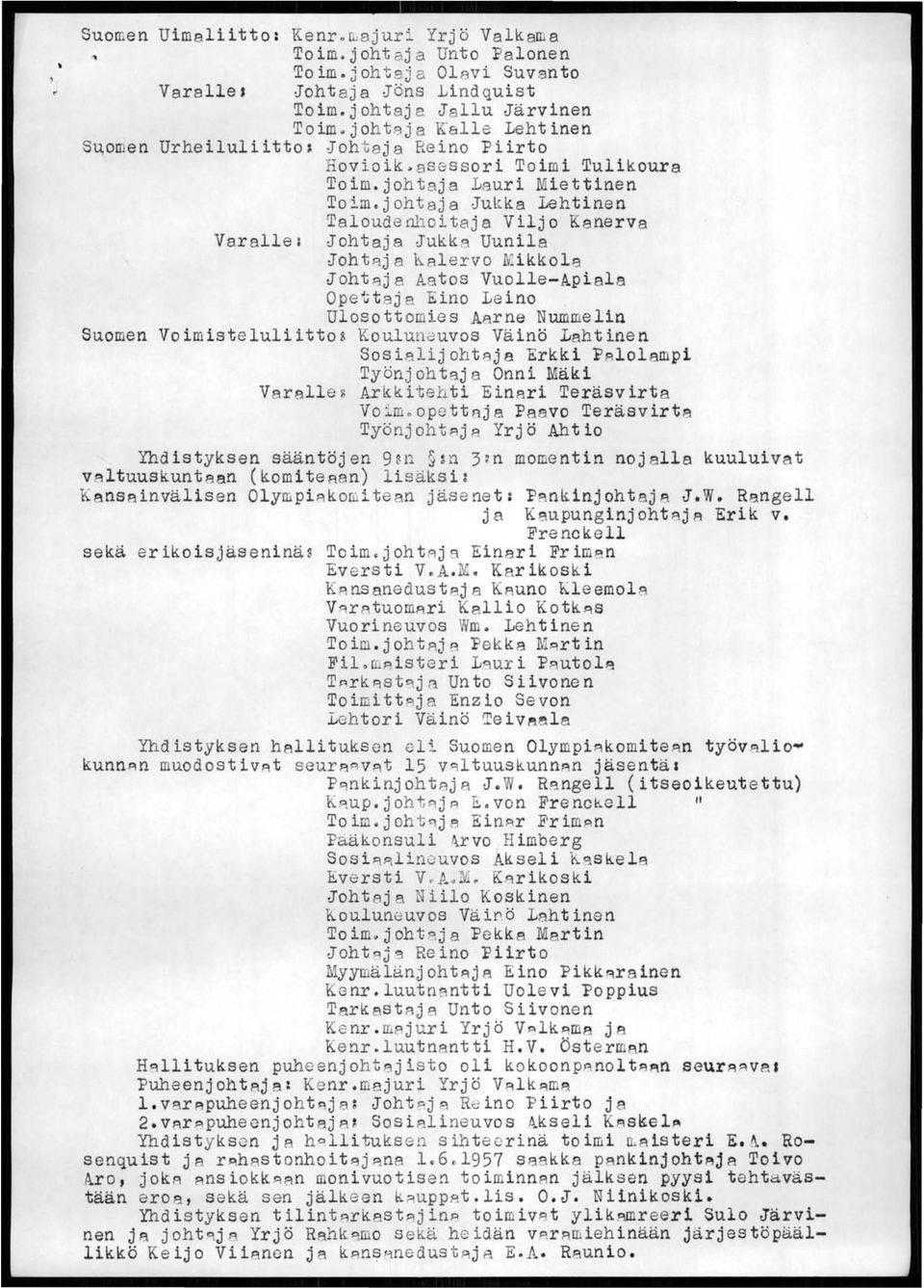 joht aja Jukka Lehtinen Taloude o11oi t aj a Vilj 0 Kanerva Varalle: JOhtaja Jukka Uunila JohtAja Kalervo Mikkola JohtAja Aatos Vuolle-Apiala Opettaj a Eino Leino Ulosottomies Aarne Nummelin Suomen