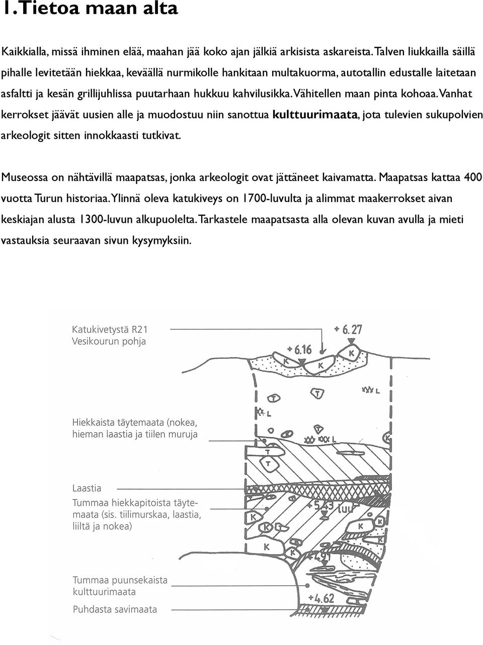 Vähitellen maan pinta kohoaa. Vanhat kerrokset jäävät uusien alle ja muodostuu niin sanottua kulttuurimaata, jota tulevien sukupolvien arkeologit sitten innokkaasti tutkivat.