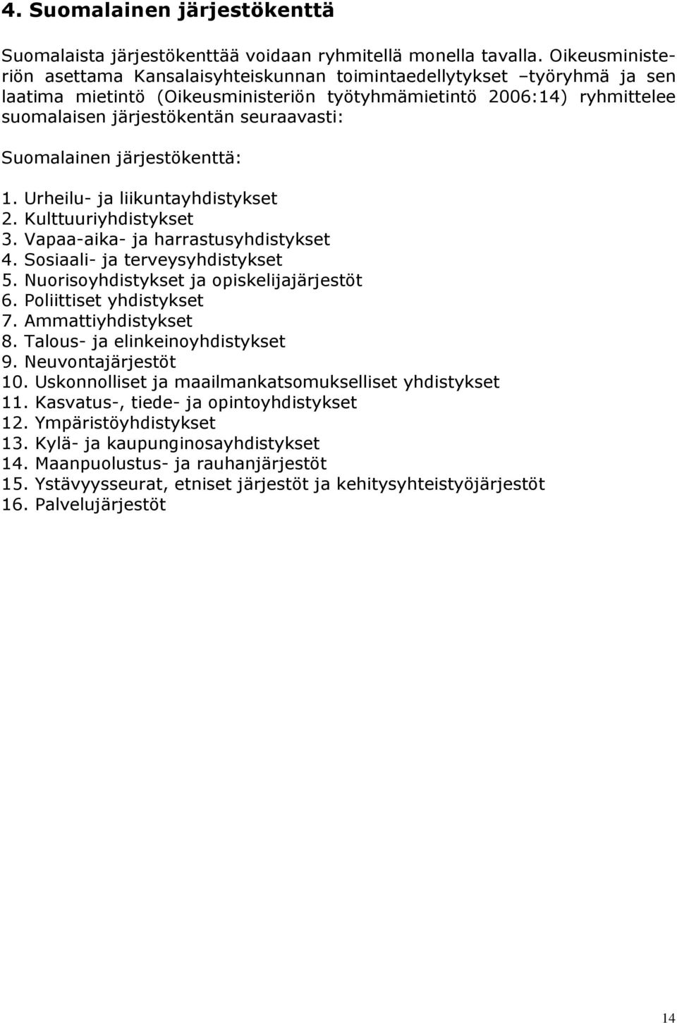 Suomalainen järjestökenttä: 1. Urheilu- ja liikuntayhdistykset 2. Kulttuuriyhdistykset 3. Vapaa-aika- ja harrastusyhdistykset 4. Sosiaali- ja terveysyhdistykset 5.