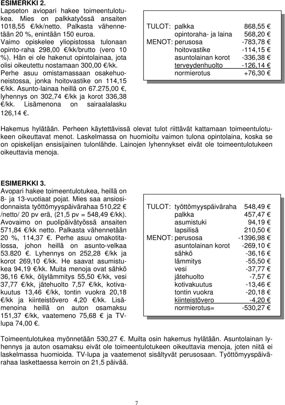 Perhe asuu omistamassaan osakehuoneistossa, jonka hoitovastike on 114,15 /kk. Asunto-lainaa heillä on 67.275,00, lyhennys on 302,74 /kk ja korot 336,38 /kk. Lisämenona on sairaalalasku 126,14.