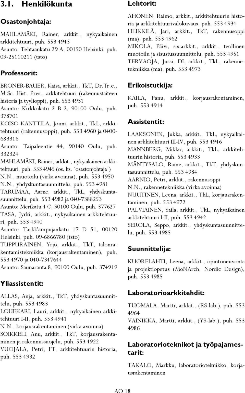 553 4931 Asunto: Kirkkokatu 2 B 2, 90100 Oulu, puh. 378701 KOISO-KANTTILA, Jouni, arkkit., TkL, arkkitehtuuri (rakennusoppi), puh. 553 4960 ja 0400-683316 Asunto: Taipaleentie 44, 90140 Oulu, puh.