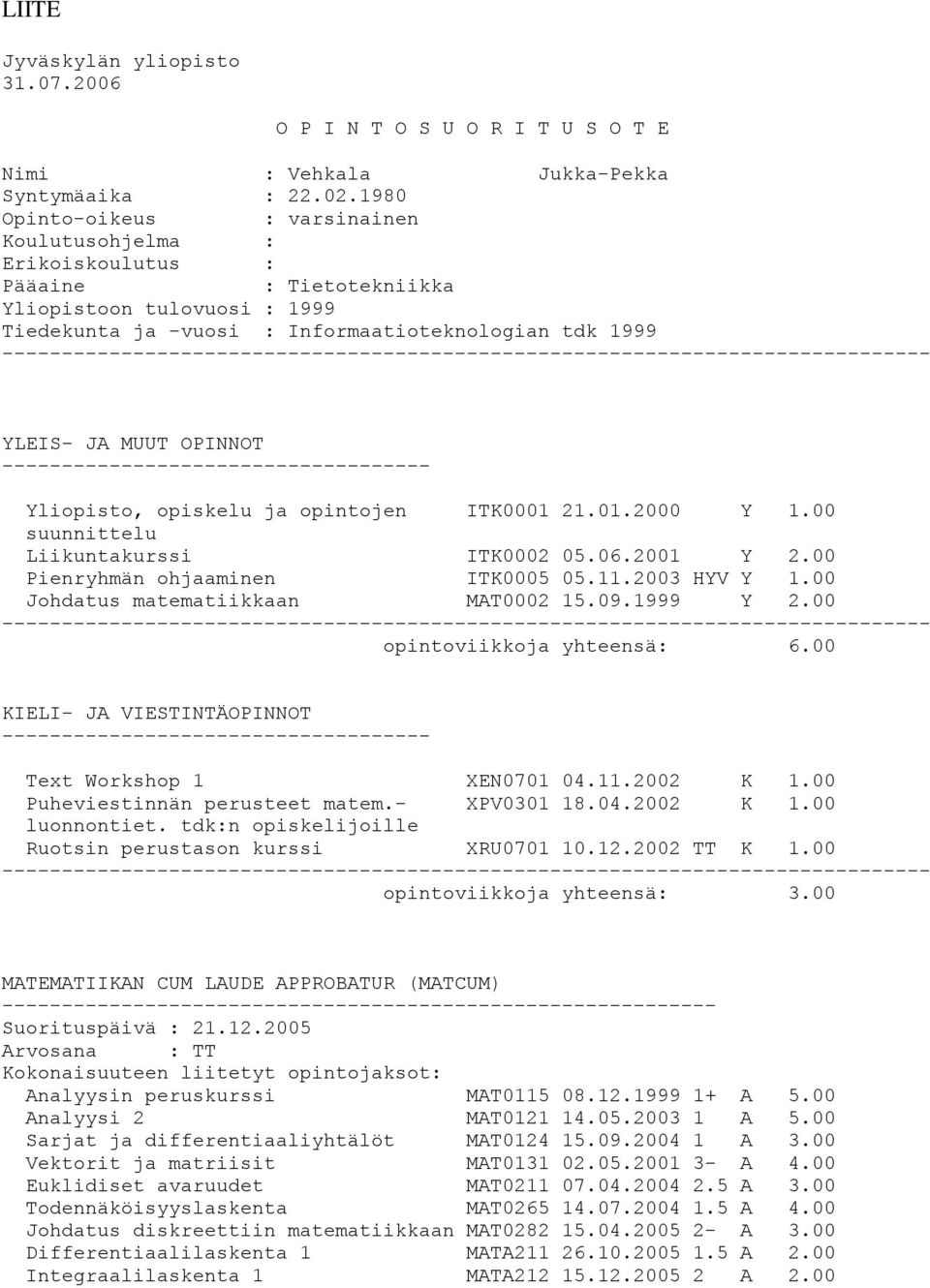 OPINNOT ------------------------------------ Yliopisto, opiskelu ja opintojen ITK0001 21.01.2000 Y 1.00 suunnittelu Liikuntakurssi ITK0002 05.06.2001 Y 2.00 Pienryhmän ohjaaminen ITK0005 05.11.