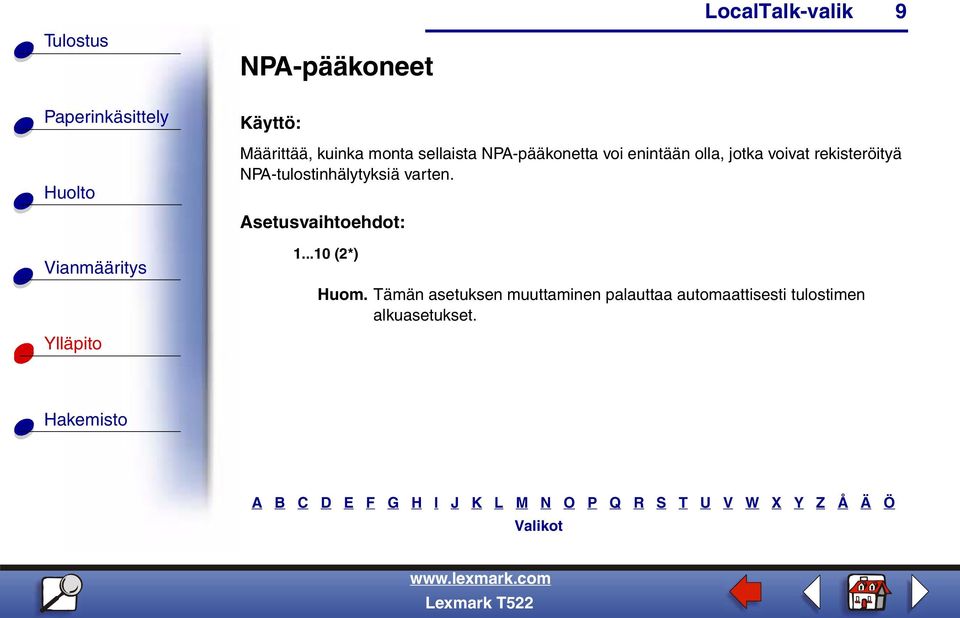 rekisteröityä NPA-tulostinhälytyksiä varten. 1...10 (2*) Huom.