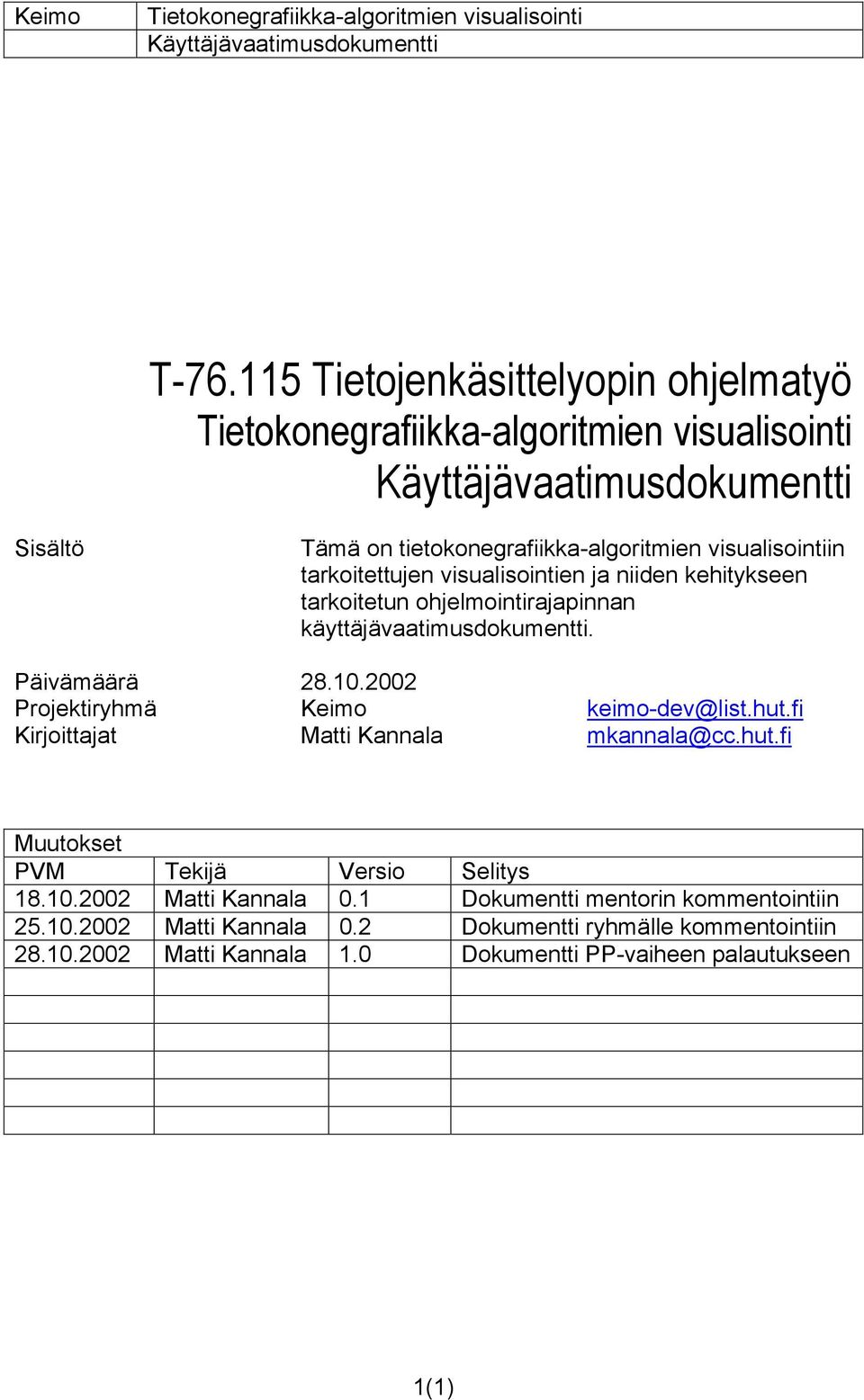 hut.fi Kirjoittajat Matti Kannala mkannala@cc.hut.fi Muutokset PVM Tekijä Versio Selitys 18.10.2002 Matti Kannala 0.