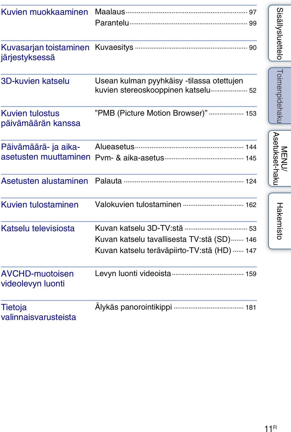 aika-asetus 145 Asetusten alustaminen Palauta 124 Kuvien tulostaminen Valokuvien tulostaminen 162 Katselu televisiosta Kuvan katselu 3D-TV:stä 53 Kuvan katselu