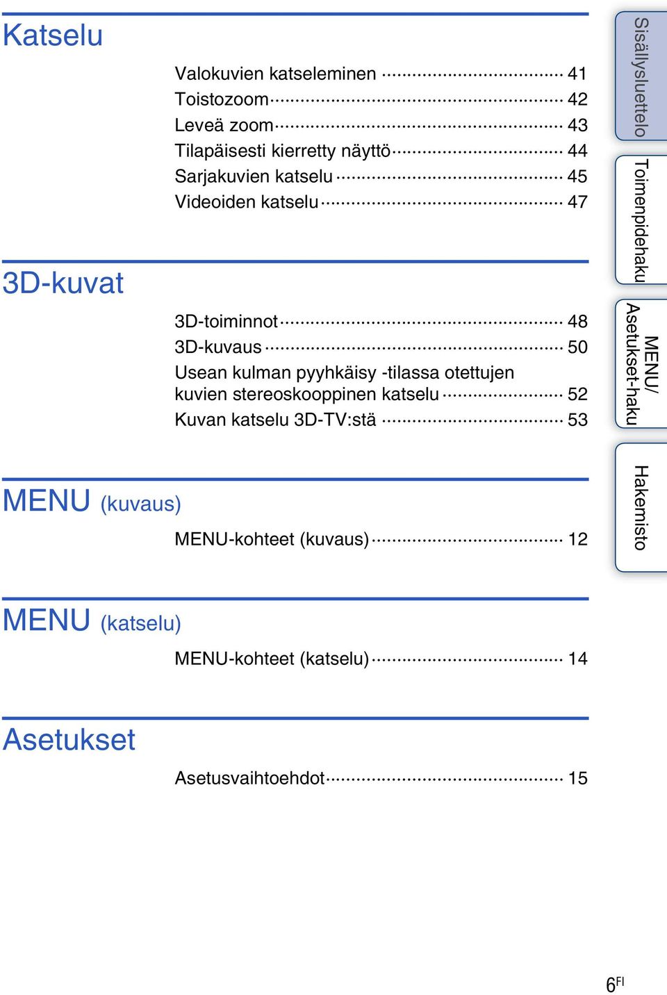 pyyhkäisy -tilassa otettujen kuvien stereoskooppinen katselu 52 Kuvan katselu 3D-TV:stä 53 MENU