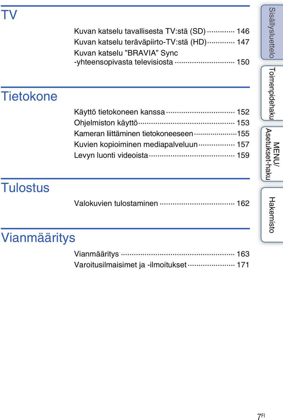 tietokoneen kanssa 152 Ohjelmiston käyttö 153 Kameran liittäminen tietokoneeseen 155 Kuvien kopioiminen