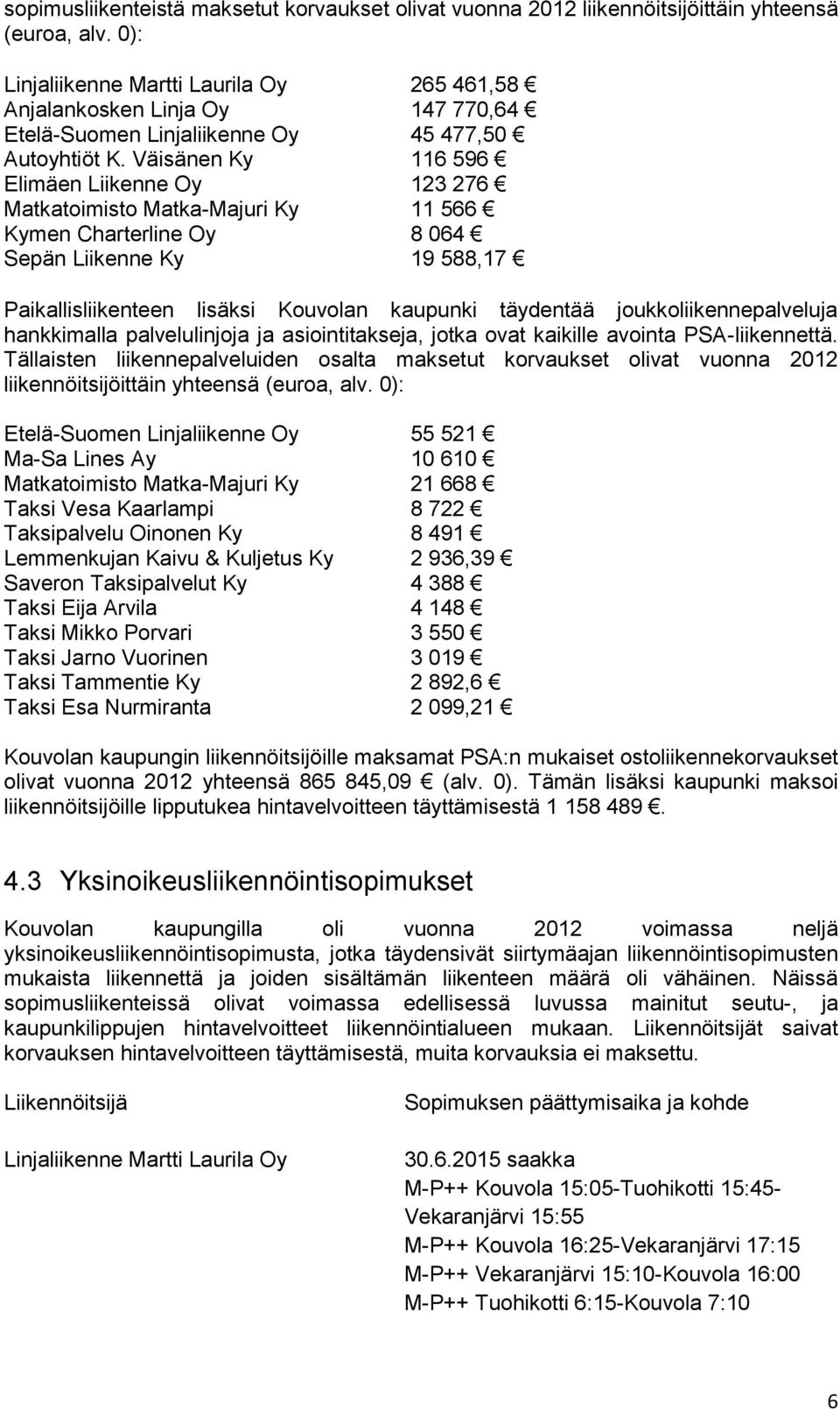 Väisänen Ky 116 596 Elimäen Liikenne Oy 123 276 Matkatoimisto Matka-Majuri Ky 11 566 Kymen Charterline Oy 8 064 Sepän Liikenne Ky 19 588,17 Paikallisliikenteen lisäksi Kouvolan kaupunki täydentää