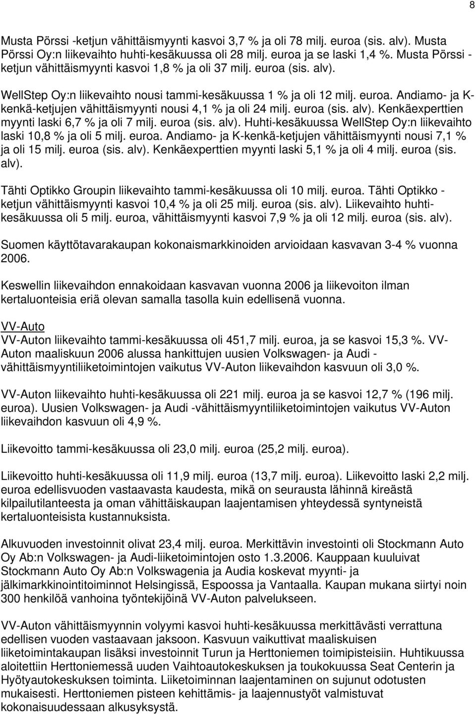 . Andiamo- ja K- kenkä-ketjujen vähittäismyynti nousi 4,1 % ja oli 24 milj. (sis. alv). Kenkäexperttien myynti laski 6,7 % ja oli 7 milj. (sis. alv). Huhti-kesäkuussa WellStep Oy:n liikevaihto laski 10,8 % ja oli 5 milj.