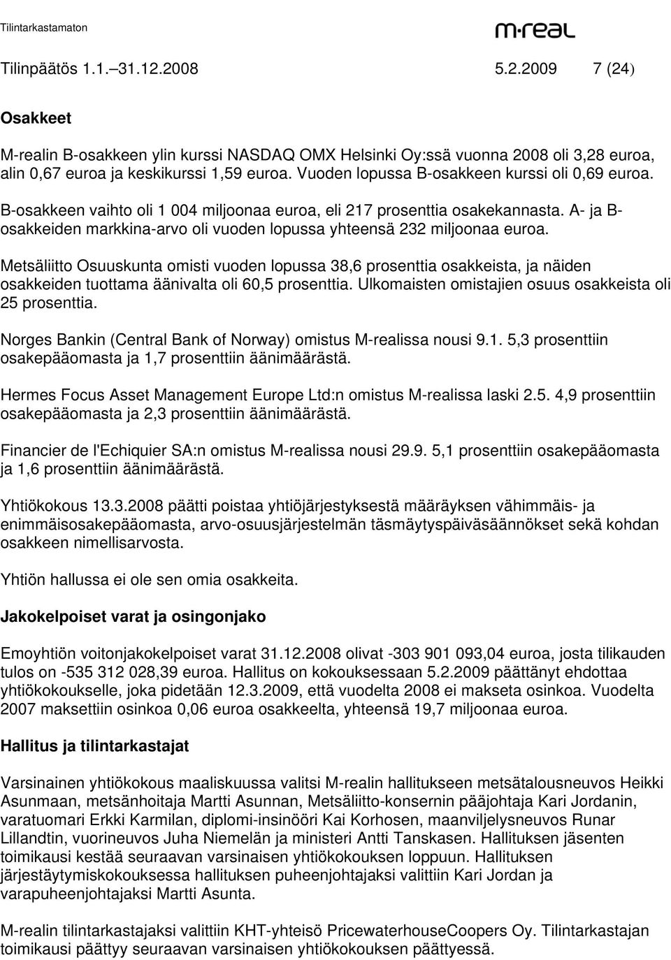 A- ja B- osakkeiden markkina-arvo oli vuoden lopussa yhteensä 232 miljoonaa euroa.