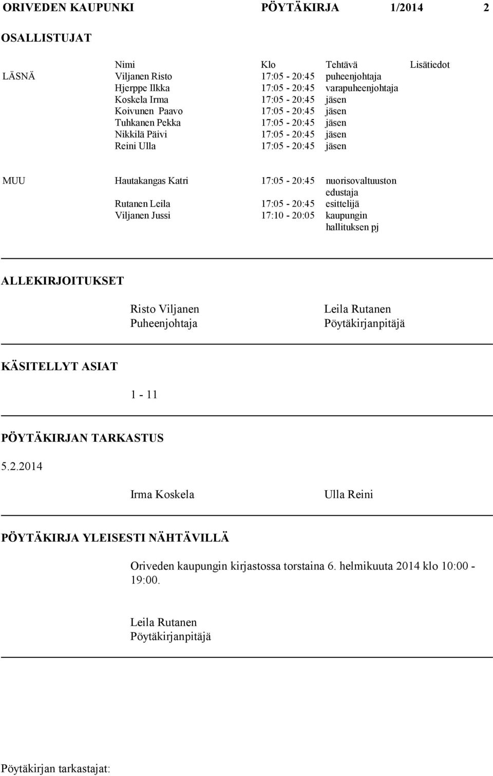 nuorisovaltuuston edustaja Rutanen Leila 17:05-20:45 esittelijä Viljanen Jussi 17:10-20:05 kaupungin hallituksen pj ALLEKIRJOITUKSET Risto Viljanen Puheenjohtaja Leila Rutanen Pöytäkirjanpitäjä