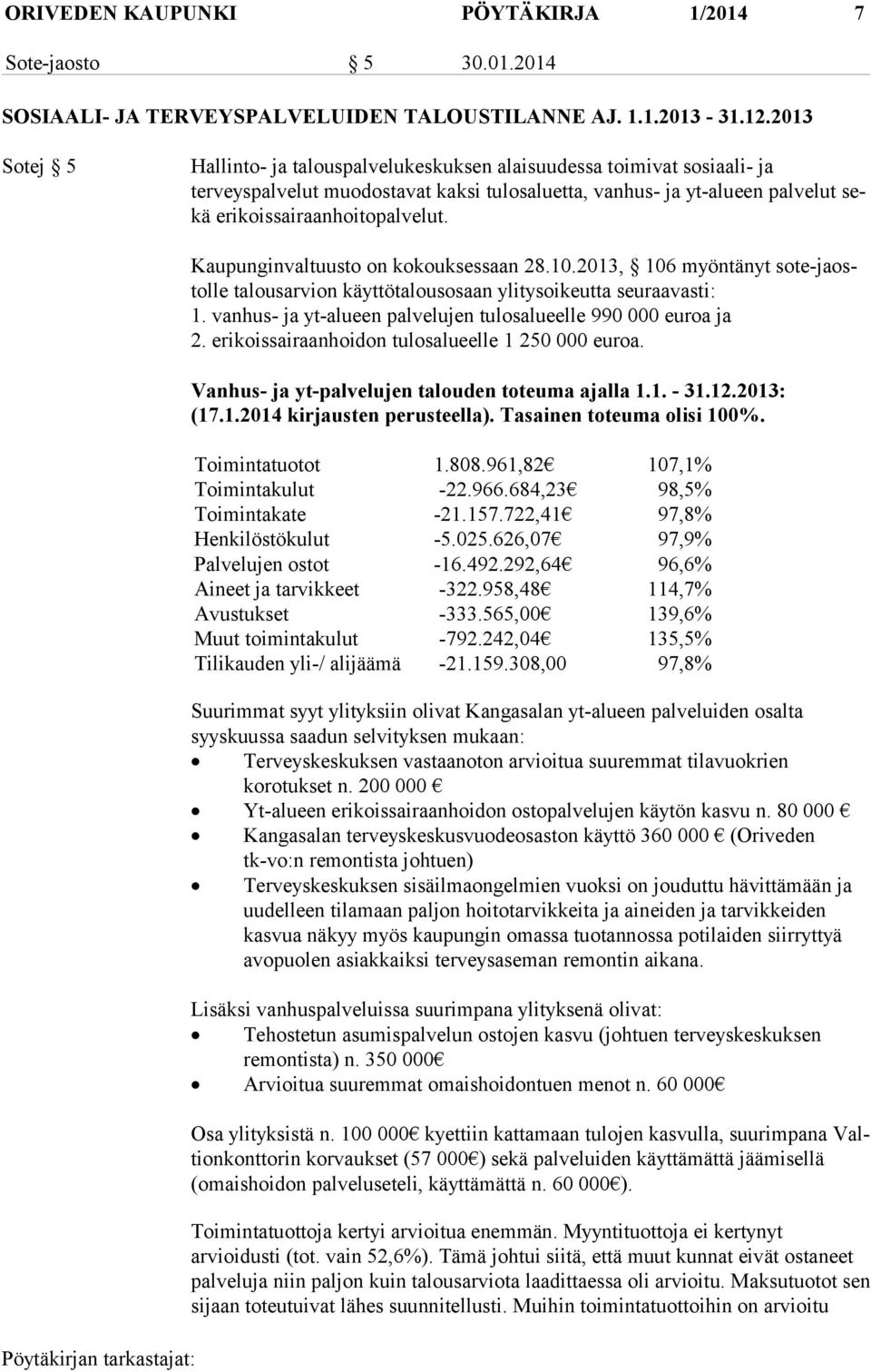 Kaupunginvaltuusto on kokouksessaan 28.10.2013, 106 myöntänyt so te-ja ostol le talousarvion käyttötalousosaan ylitysoikeutta seuraavasti: 1.