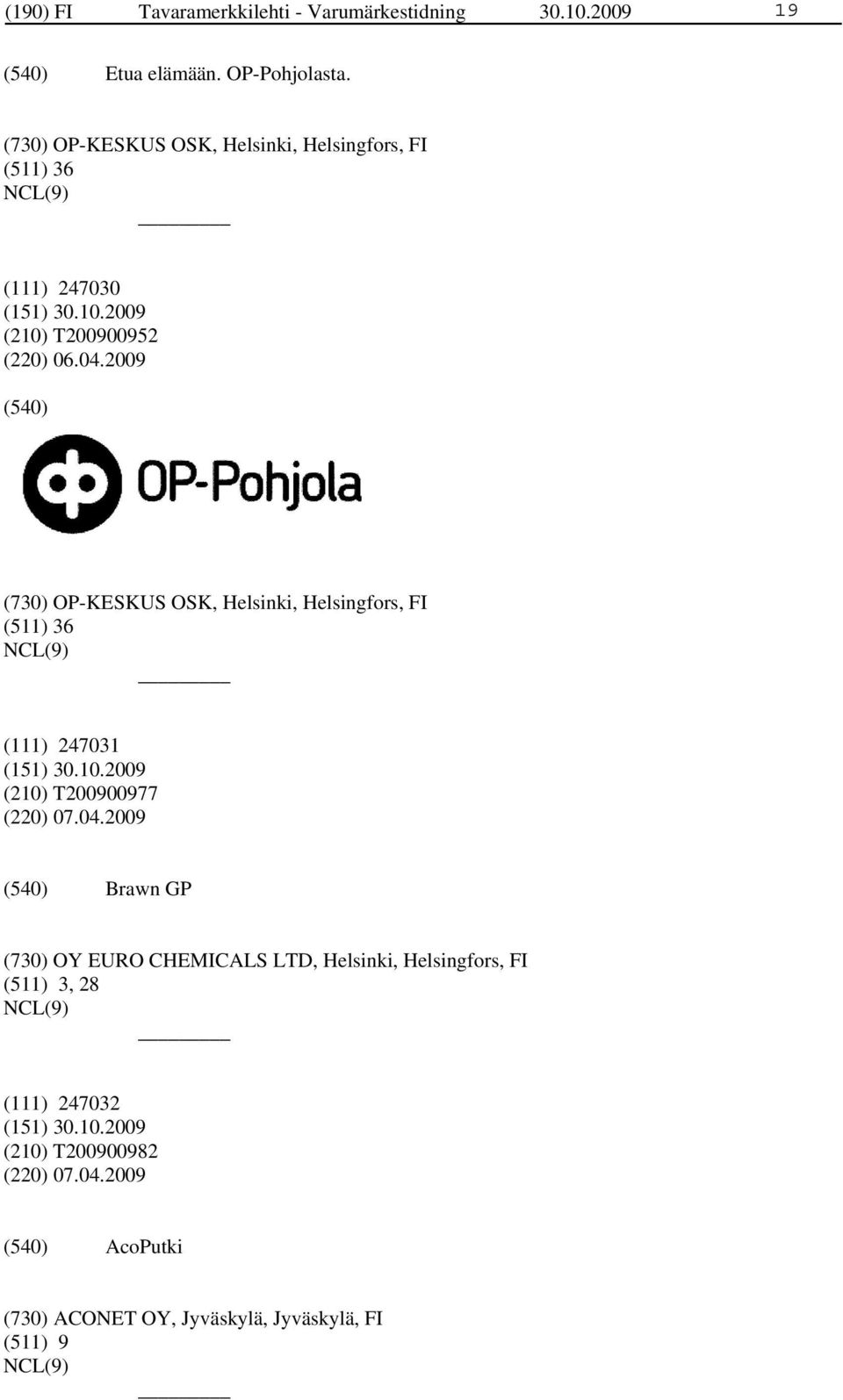 2009 (730) OP-KESKUS OSK, Helsinki, Helsingfors, FI (511) 36 (111) 247031 (210) T200900977 (220) 07.04.