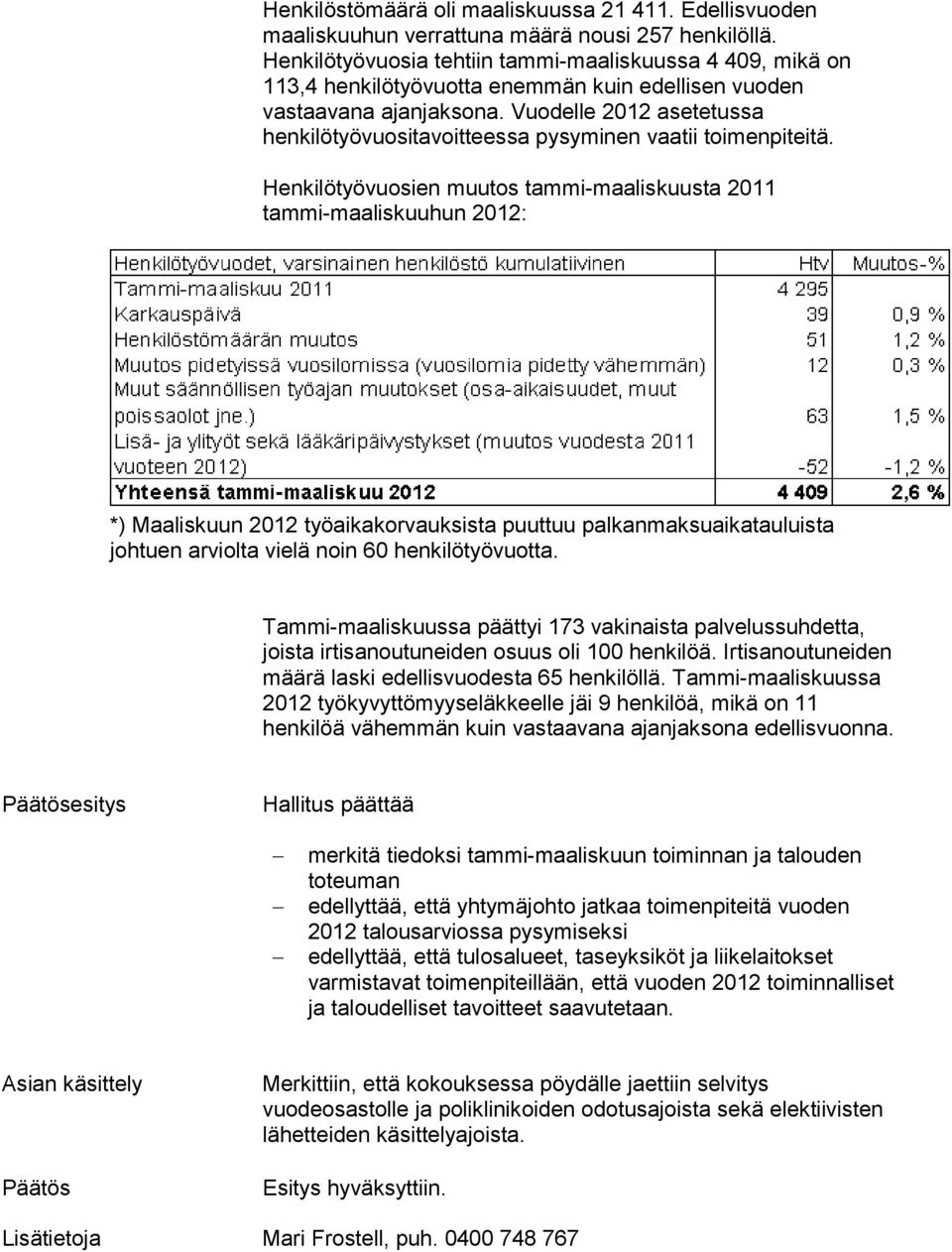 Vuodelle 2012 asetetussa henkilötyövuositavoitteessa pysyminen vaatii toimenpiteitä.