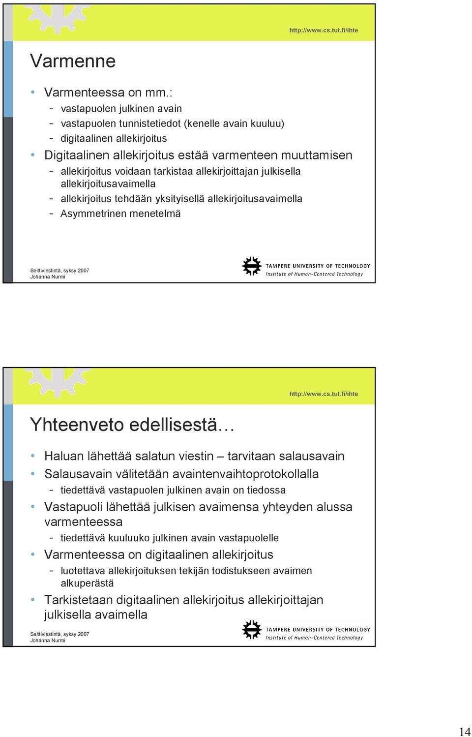 tarkistaa allekirjoittajan julkisella allekirjoitusavaimella - allekirjoitus tehdään yksityisellä allekirjoitusavaimella - Asymmetrinen menetelmä Yhteenveto edellisestä Haluan lähettää salatun