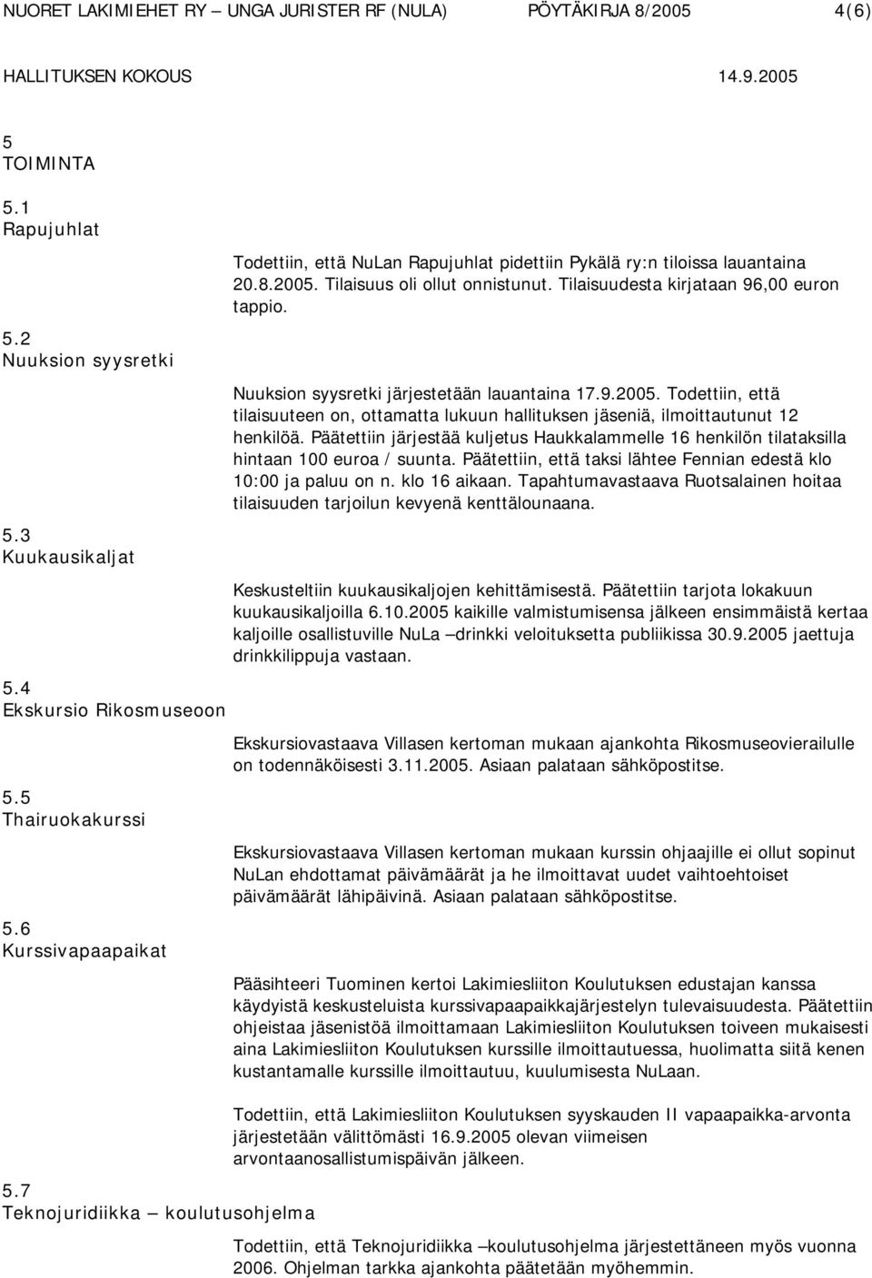 Nuuksion syysretki järjestetään lauantaina 17.9.2005. Todettiin, että tilaisuuteen on, ottamatta lukuun hallituksen jäseniä, ilmoittautunut 12 henkilöä.