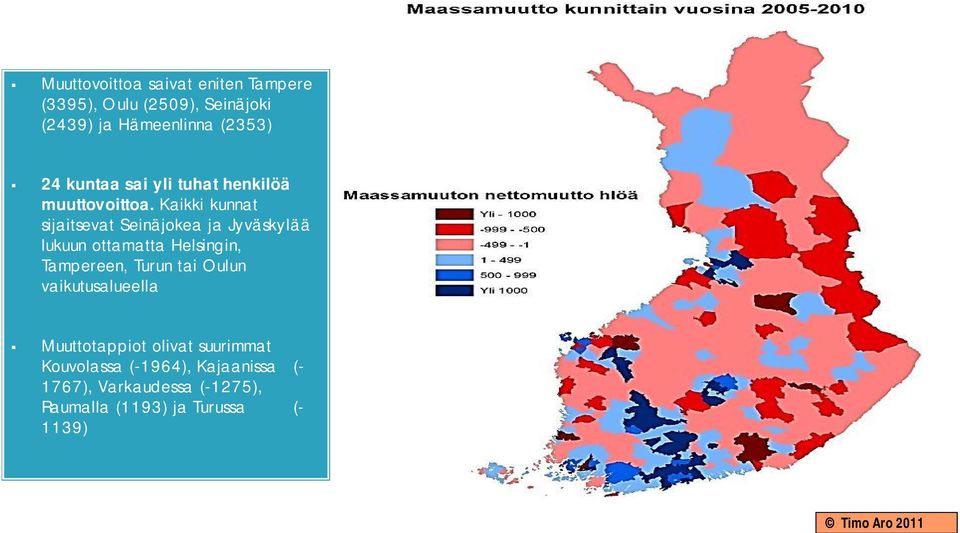 Kaikki kunnat sijaitsevat Seinäjokea ja Jyväskylää lukuun ottamatta Helsingin, Tampereen, Turun