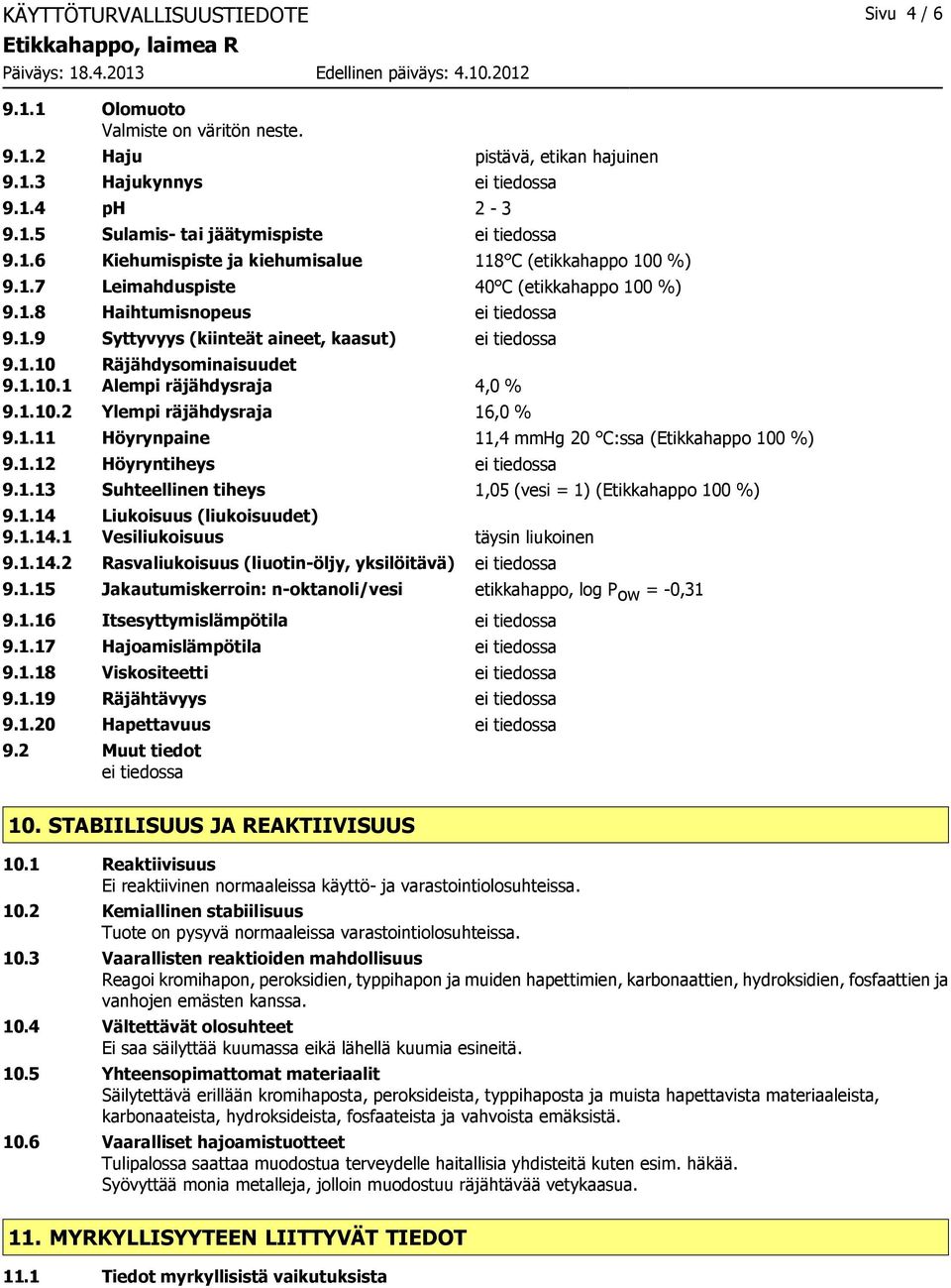 1.10.1 Alempi räjähdysraja 4,0 % 9.1.10.2 Ylempi räjähdysraja 16,0 % 9.1.11 Höyrynpaine 11,4 mmhg 20 C:ssa (Etikkahappo 100 %) 9.1.12 Höyryntiheys ei tiedossa 9.1.13 Suhteellinen tiheys 1,05 (vesi = 1) (Etikkahappo 100 %) 9.