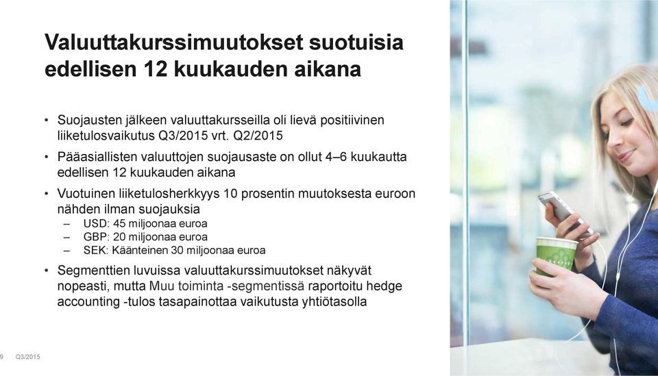 muutoksesta euroon nähden ilman suojauksia USD: 45 miljoonaa euroa GBP: 2 miljoonaa euroa SEK: Käänteinen 3 miljoonaa euroa Segmenttien luvuissa