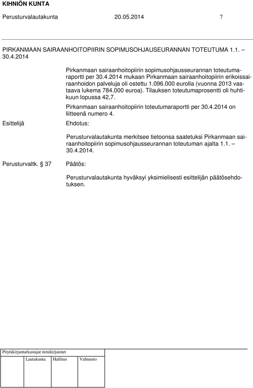 Tilauksen toteutumaprosentti oli huhtikuun lopussa 42,7. Pirkanmaan sairaanhoitopiirin toteutumaraportti per 30.4.2014 on liitteenä numero 4.