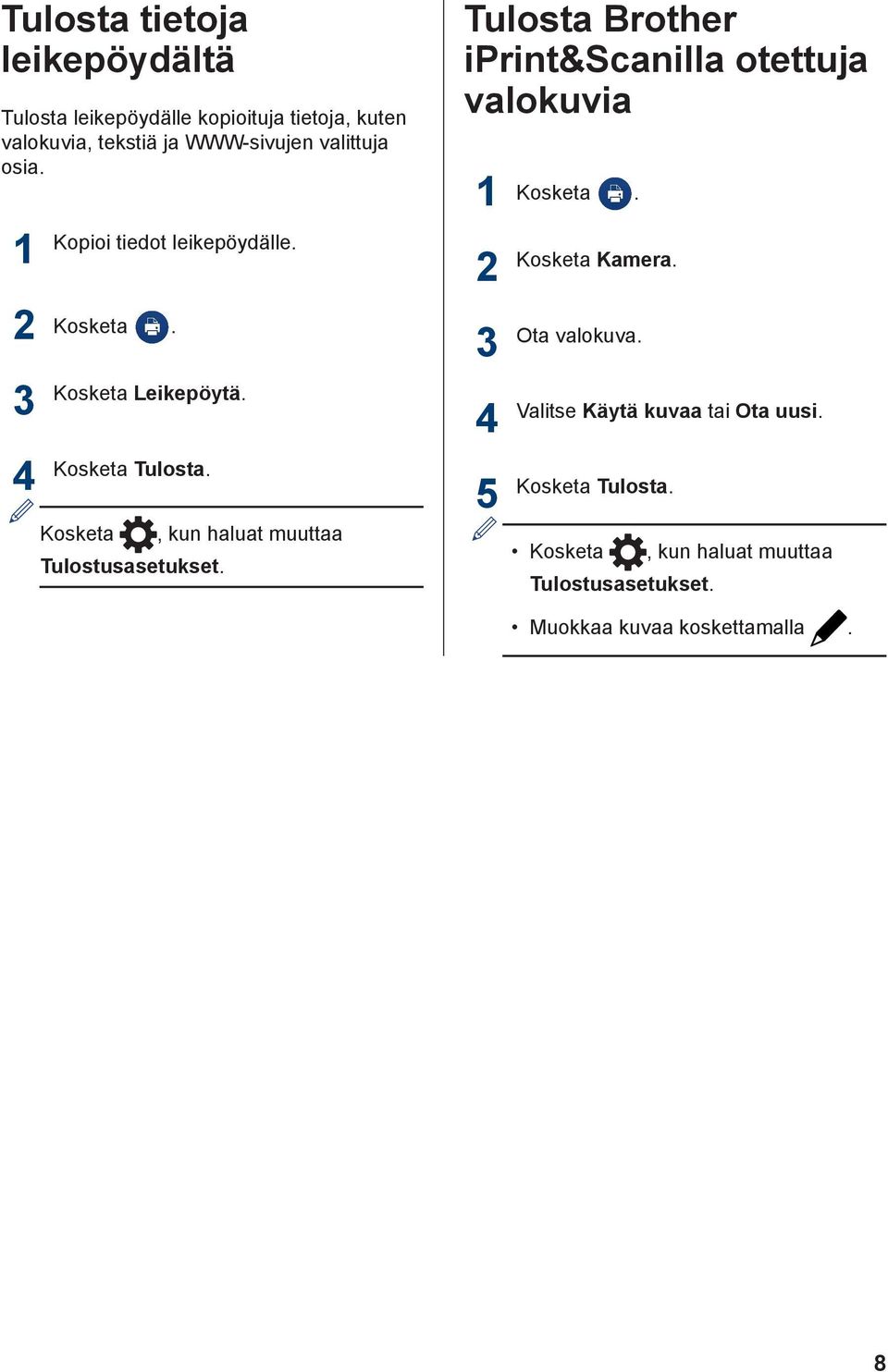 Kosketa Kamera. Kosketa. Kosketa Leikepöytä. Kosketa Tulosta. Kosketa, kun haluat muuttaa Tulostusasetukset.