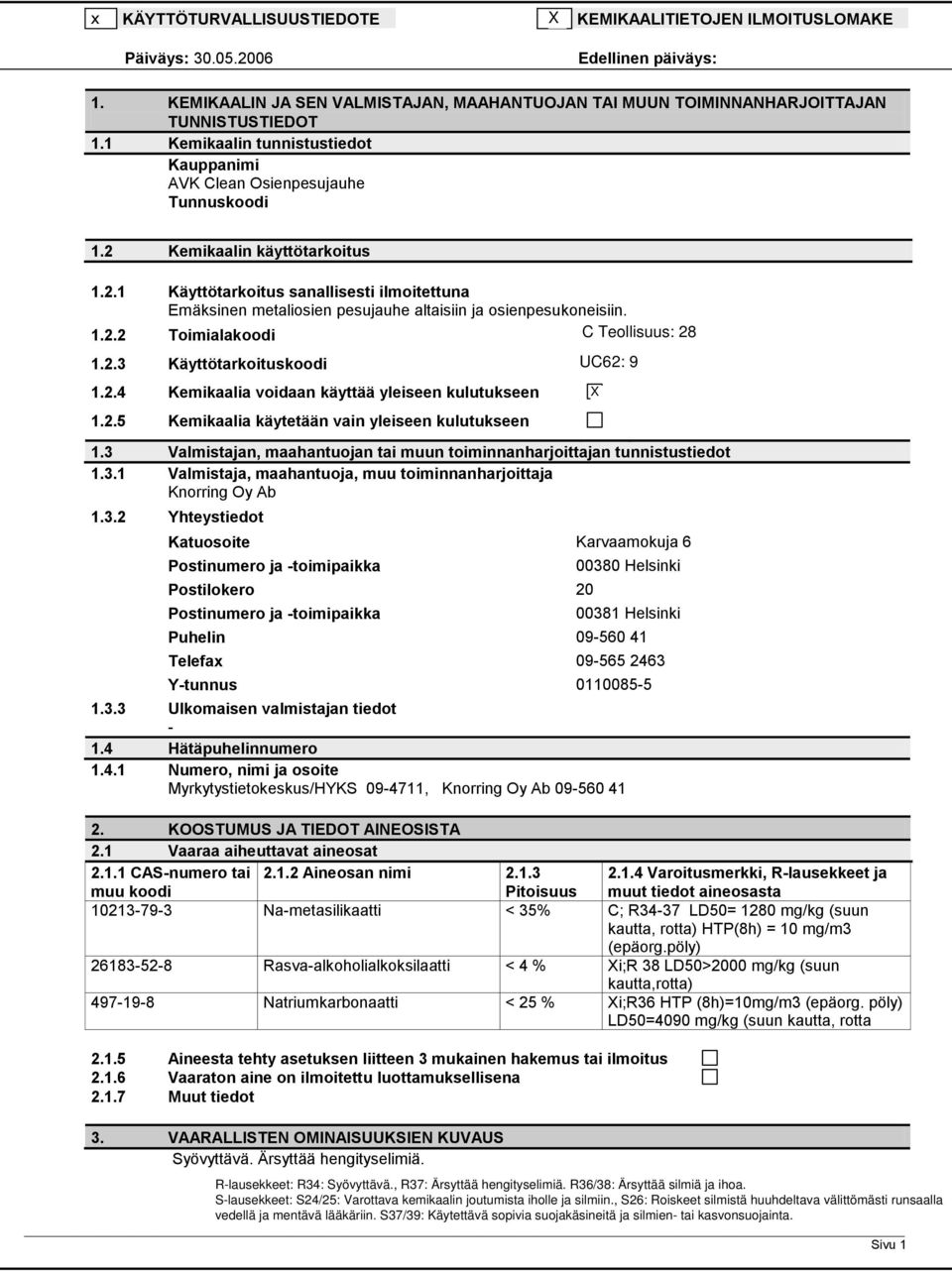 1.2.2 Toimialakoodi 287 1.2.3 Käyttötarkoituskoodi 9 1.2.4 Kemikaalia voidaan käyttää yleiseen kulutukseen 1.2.5 Kemikaalia käytetään vain yleiseen kulutukseen 1.