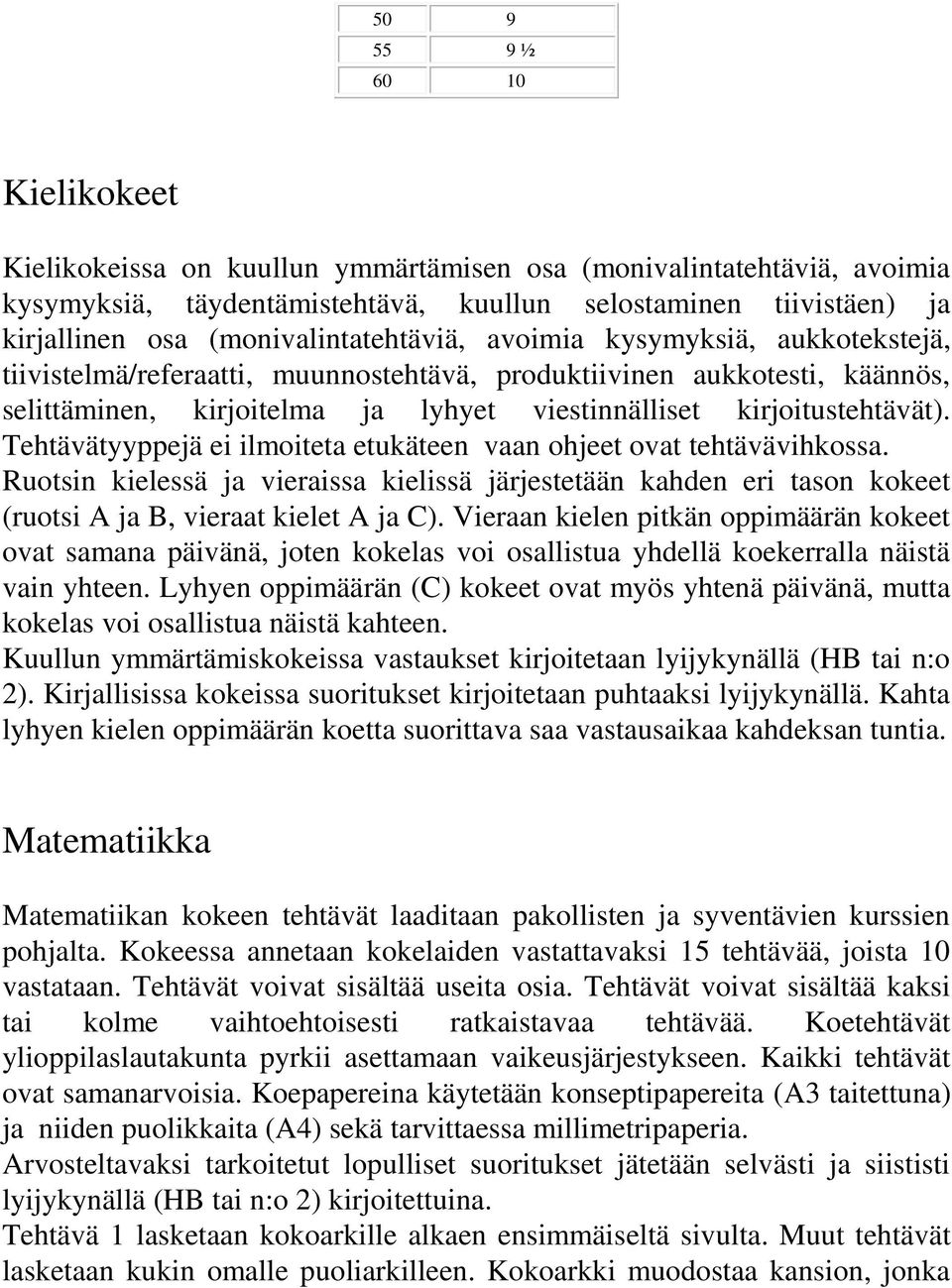 kirjoitustehtävät). Tehtävätyyppejä ei ilmoiteta etukäteen vaan ohjeet ovat tehtävävihkossa.