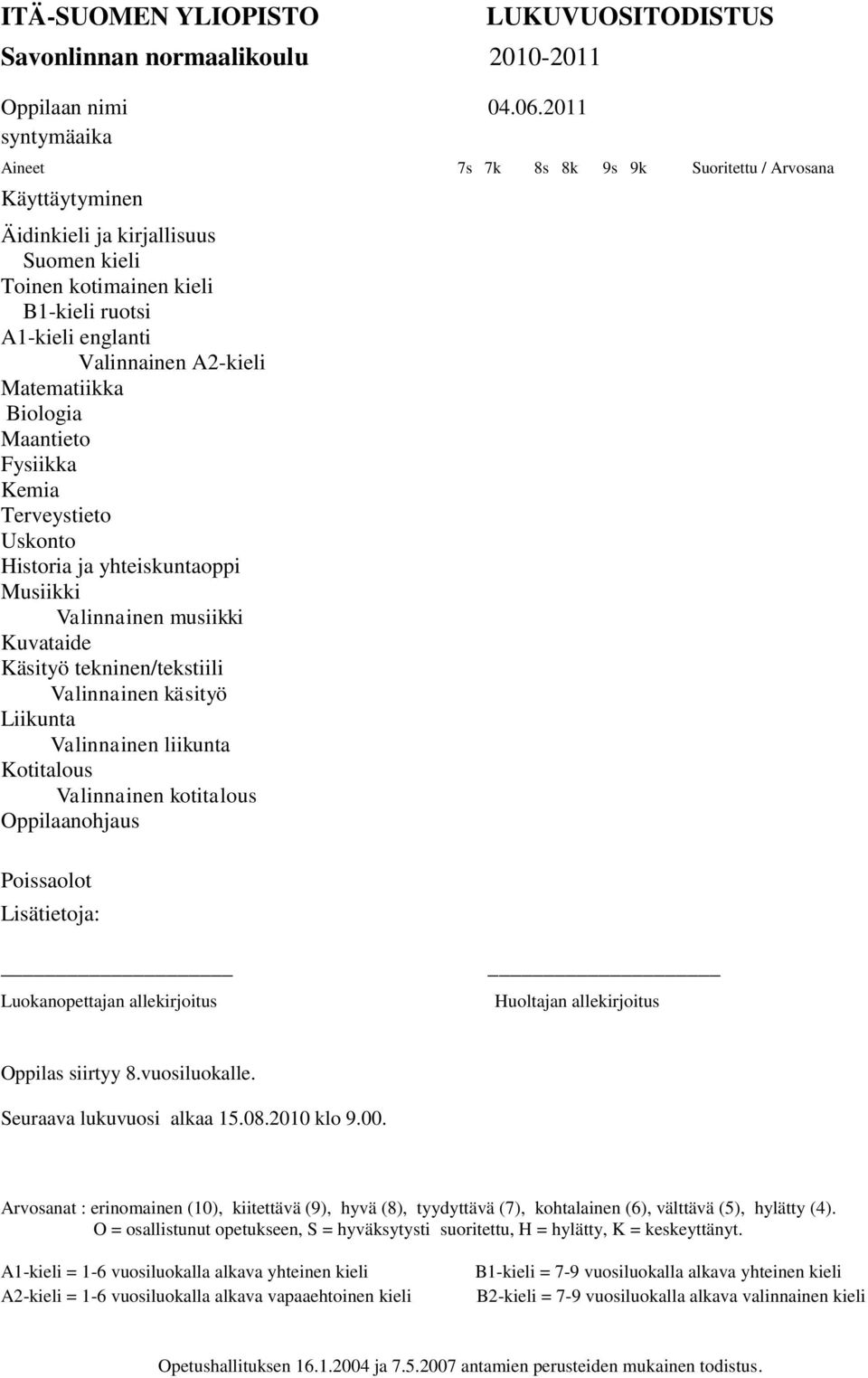 Historia ja yhteiskuntaoppi Valinnainen musiikki Käsityö tekninen/tekstiili Valinnainen käsityö Valinnainen liikunta Kotitalous Valinnainen kotitalous Oppilaanohjaus Poissaolot Oppilas siirtyy 8.