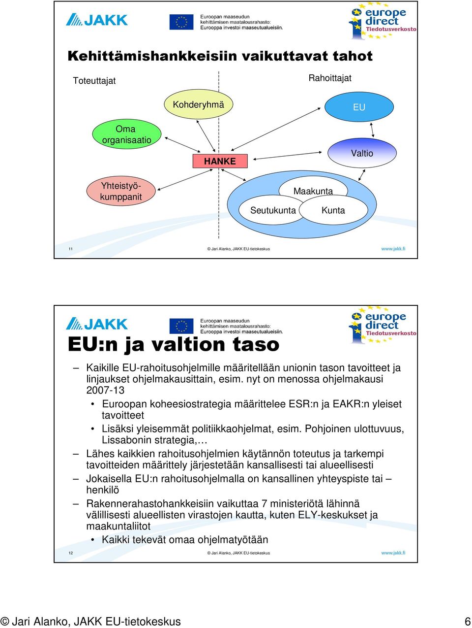 nyt on menossa ohjelmakausi 2007-13 Euroopan koheesiostrategia määrittelee ESR:n ja EAKR:n yleiset tavoitteet Lisäksi yleisemmät politiikkaohjelmat, esim.
