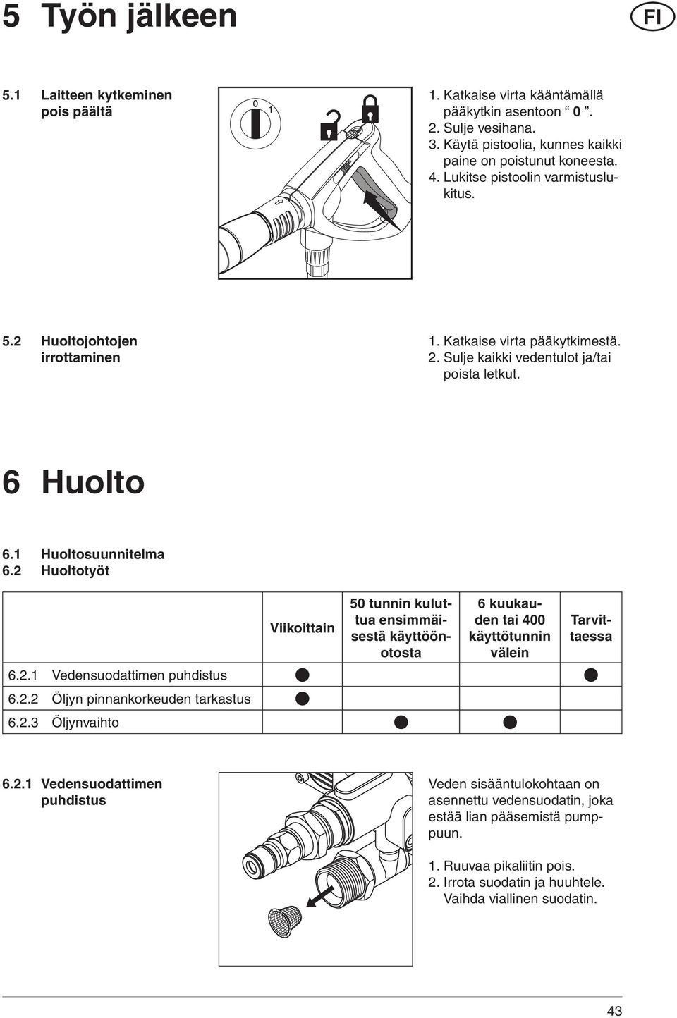 2 Huoltotyöt Viikoittain 50 tunnin kuluttua ensimmäisestä käyttöönotosta 6 kuukauden tai 400 käyttötunnin välein Tarvittaessa 6.2.1 Vedensuodattimen puhdistus 6.2.2 Öljyn pinnankorkeuden tarkastus 6.