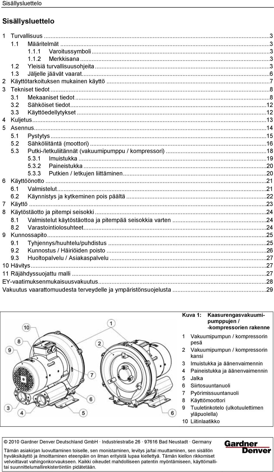 2 Sähköliitäntä (moottori)...16 5.3 Putki-/letkuliitännät (vakuumipumppu / kompressori)...18 5.3.1 Imuistukka...19 5.3.2 Paineistukka...20 5.3.3 Putkien / letkujen liittäminen...20 6 Käyttöönotto.