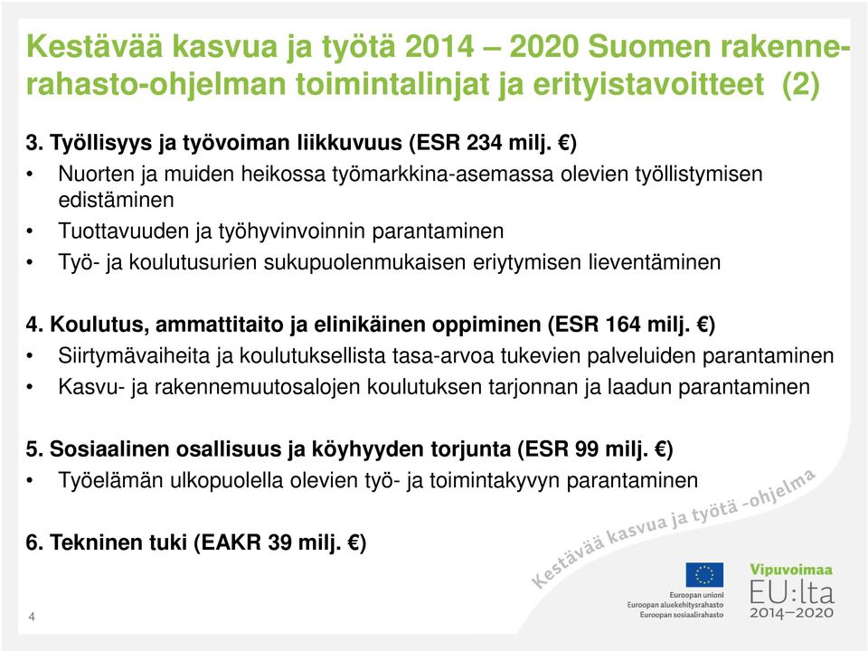 lieventäminen 4. Koulutus, ammattitaito ja elinikäinen oppiminen (ESR 164 milj.