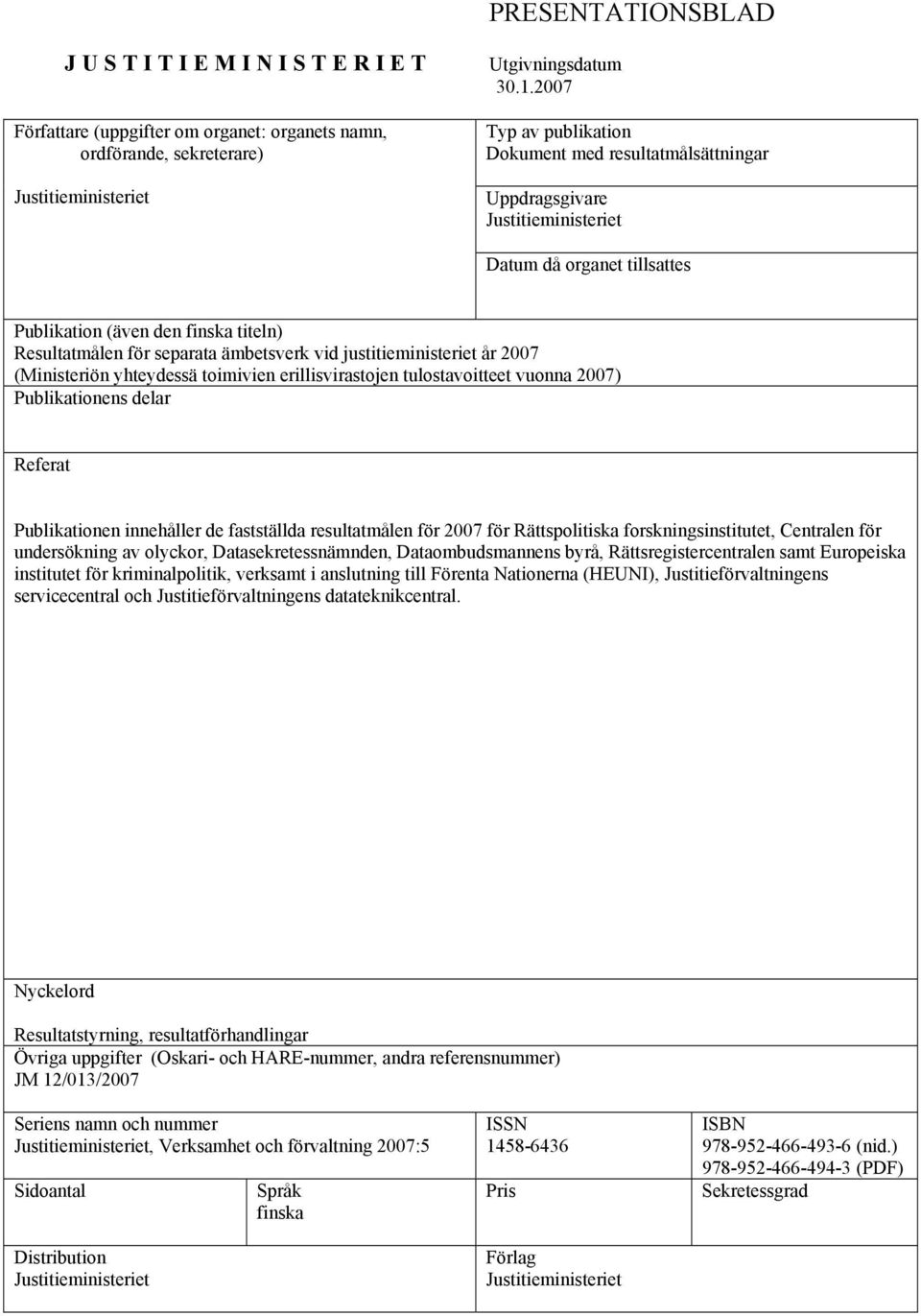 vid justitieministeriet år 2007 (Ministeriön yhteydessä toimivien erillisvirastojen tulostavoitteet vuonna 2007) Publikationens delar Referat Publikationen innehåller de fastställda resultatmålen för