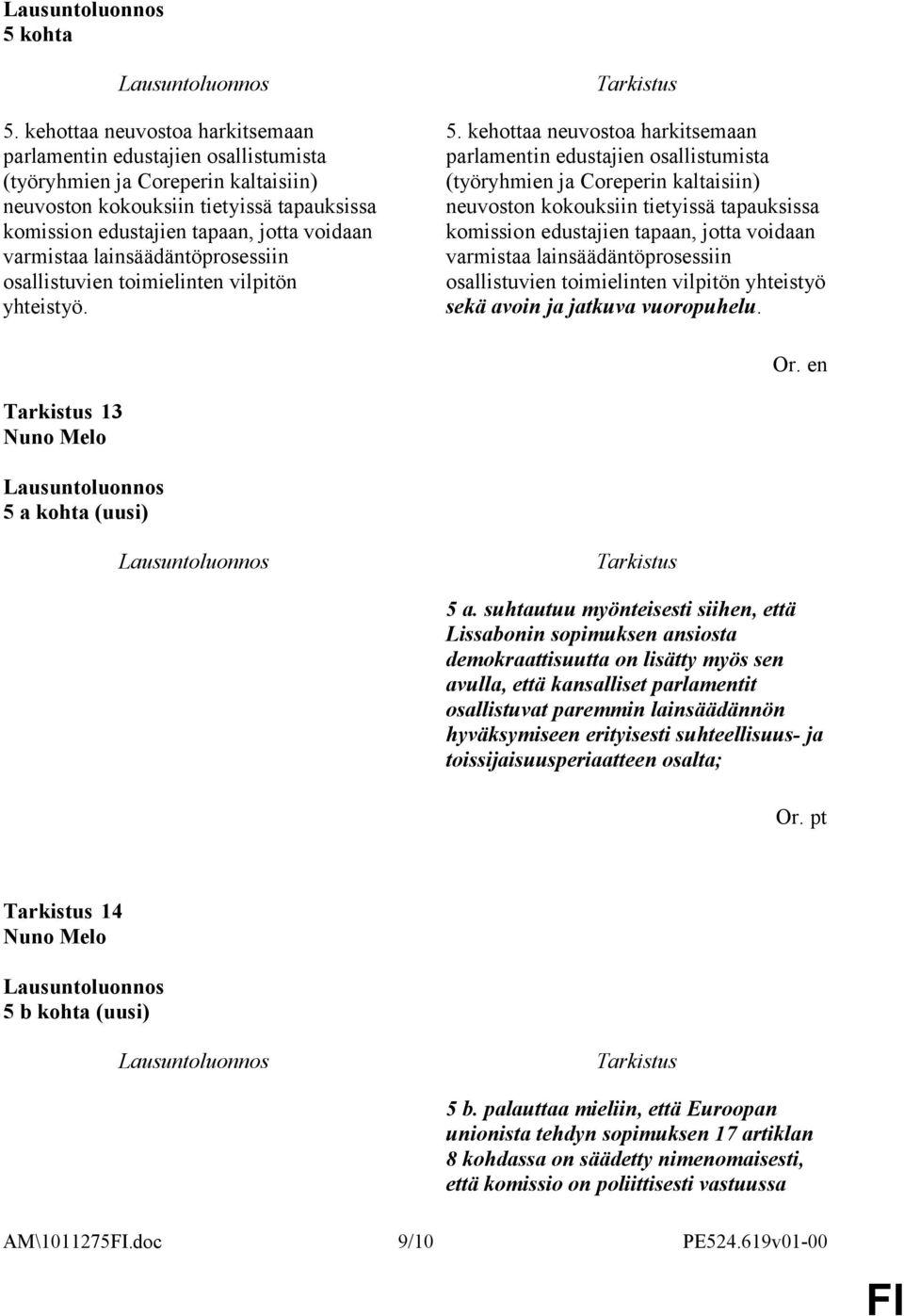 varmistaa lainsäädäntöprosessiin osallistuvien toimielinten vilpitön yhteistyö. 5.  varmistaa lainsäädäntöprosessiin osallistuvien toimielinten vilpitön yhteistyö sekä avoin ja jatkuva vuoropuhelu.