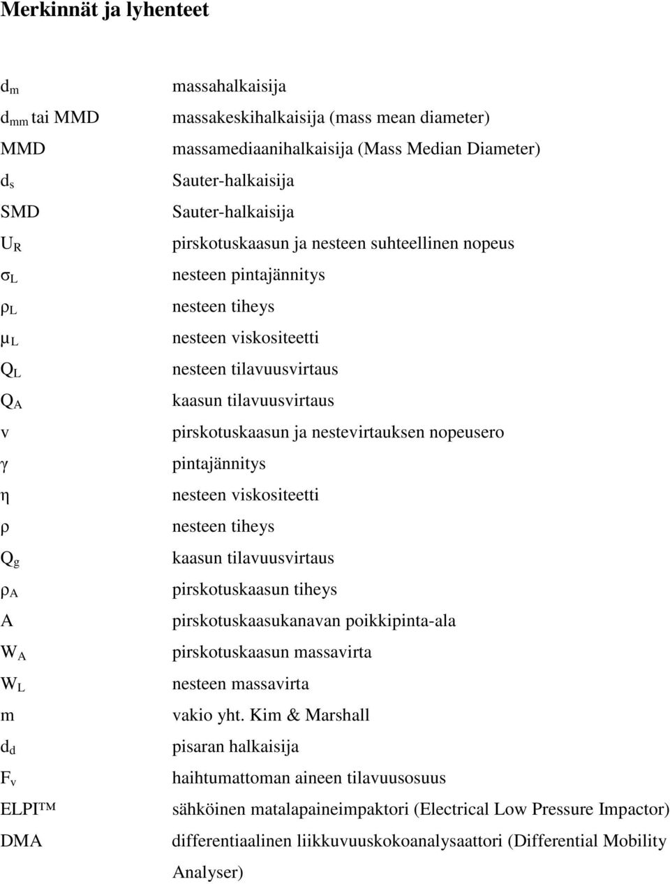 tilavuusvirtaus kaasun tilavuusvirtaus pirskotuskaasun ja nestevirtauksen nopeusero pintajännitys nesteen viskositeetti nesteen tiheys kaasun tilavuusvirtaus pirskotuskaasun tiheys