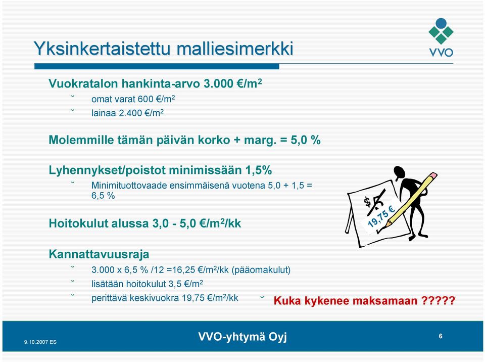 = 5,0 % Lyhennykset/poistot minimissään 1,5% Minimituottovaade ensimmäisenä vuotena 5,0 + 1,5 = 6,5 % Hoitokulut alussa